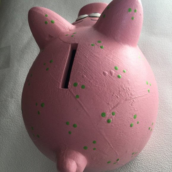 Big ceramic piggy bank figurine decoration pink with green dots - Picture 3 of 6